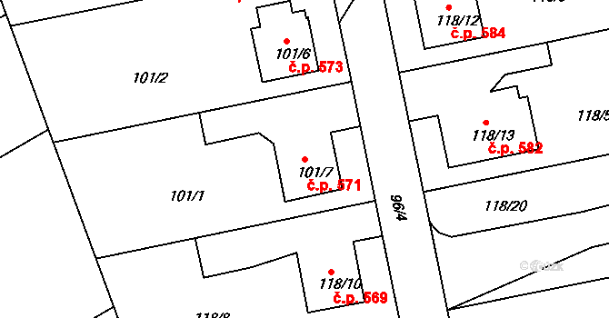 Lyžbice 571, Třinec na parcele st. 101/7 v KÚ Lyžbice, Katastrální mapa