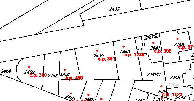Čelákovice 361 na parcele st. 2439 v KÚ Čelákovice, Katastrální mapa