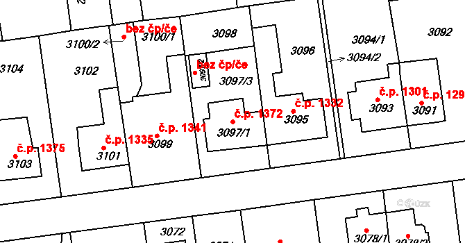 Roztoky 1372 na parcele st. 3097/1 v KÚ Žalov, Katastrální mapa