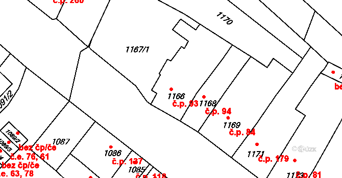 Sokolnice 93 na parcele st. 1166 v KÚ Sokolnice, Katastrální mapa