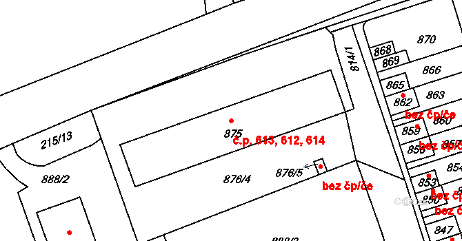 Buštěhrad 612,613,614 na parcele st. 875 v KÚ Buštěhrad, Katastrální mapa