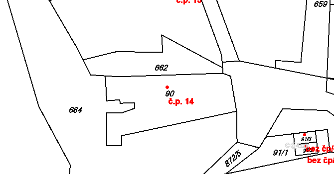 Třtí 14, Sychrov na parcele st. 90 v KÚ Radostín u Sychrova, Katastrální mapa