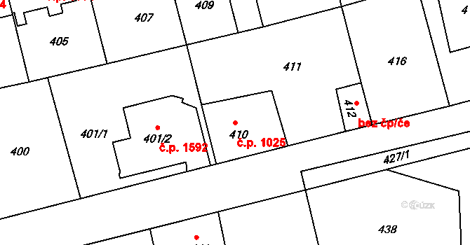 Hořovice 1025 na parcele st. 410 v KÚ Velká Víska, Katastrální mapa