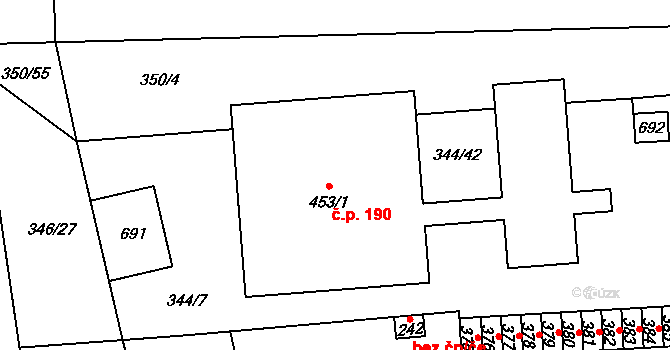 Bohušovice nad Ohří 190 na parcele st. 453/1 v KÚ Bohušovice nad Ohří, Katastrální mapa
