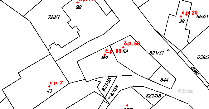 Bednáreček 58 na parcele st. 58/2 v KÚ Bednáreček, Katastrální mapa