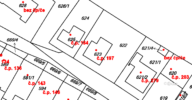 Bystřany 197 na parcele st. 623 v KÚ Bystřany, Katastrální mapa