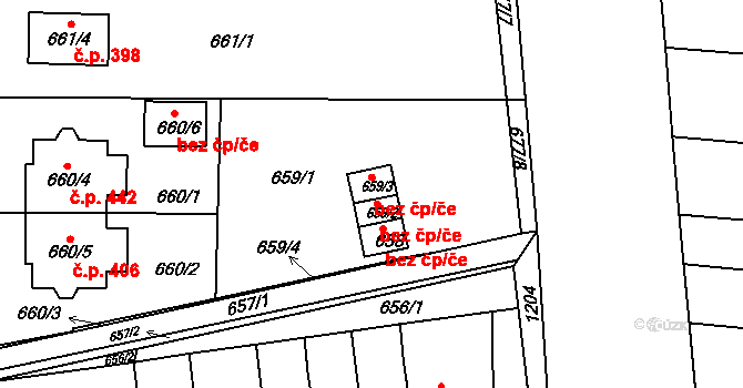 Holásky 64, Brno na parcele st. 659/3 v KÚ Holásky, Katastrální mapa
