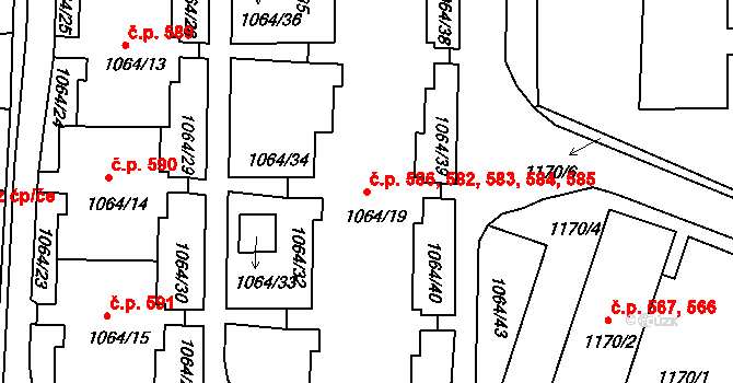 Postoloprty 582,583,584,585,586 na parcele st. 1064/19 v KÚ Postoloprty, Katastrální mapa