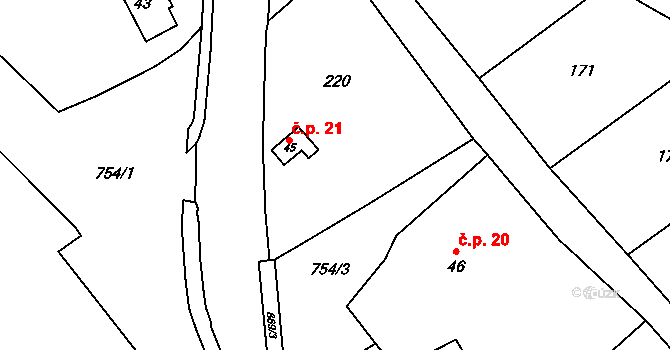 Miřejov 21, Lanžov na parcele st. 45 v KÚ Lanžov, Katastrální mapa