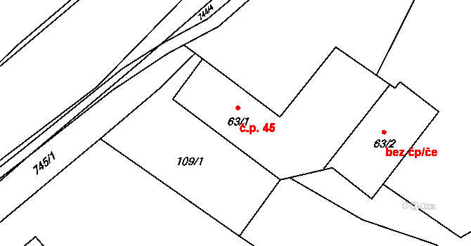 Hejnov 45, Holčovice na parcele st. 63/1 v KÚ Hejnov, Katastrální mapa
