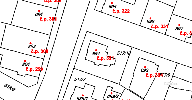 Litovel 321 na parcele st. 694 v KÚ Litovel, Katastrální mapa