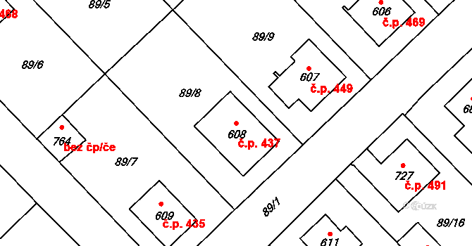 Sendražice 437, Kolín na parcele st. 608 v KÚ Sendražice u Kolína, Katastrální mapa