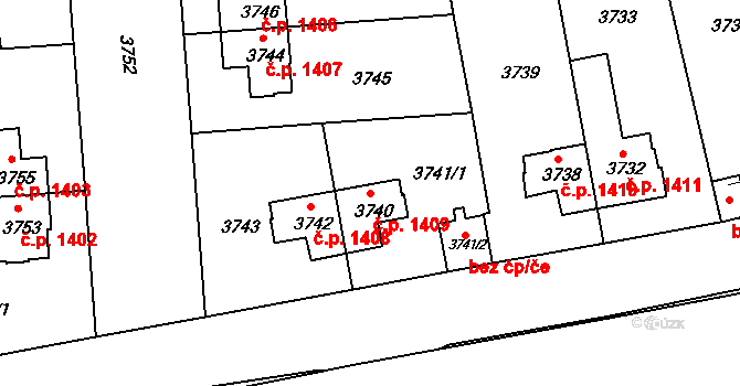 Žižkov 1409, Praha na parcele st. 3740 v KÚ Žižkov, Katastrální mapa