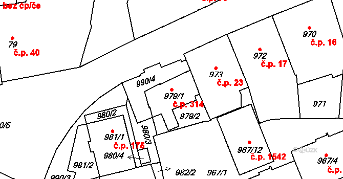 Vršovice 314, Praha na parcele st. 979/1 v KÚ Vršovice, Katastrální mapa