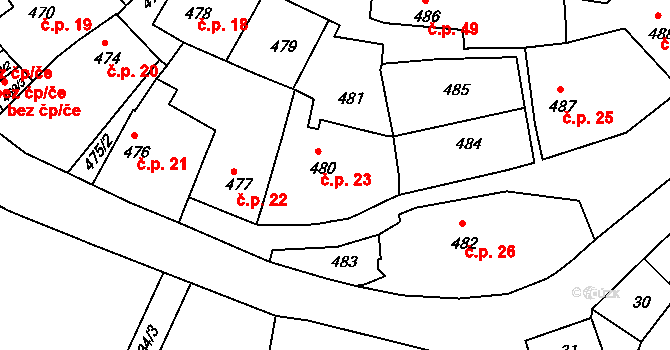Záběhlice 23, Praha na parcele st. 480 v KÚ Záběhlice, Katastrální mapa