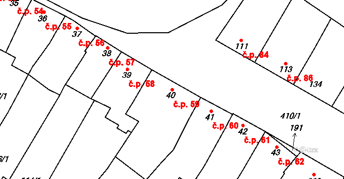Žešov 59, Prostějov na parcele st. 40 v KÚ Žešov, Katastrální mapa