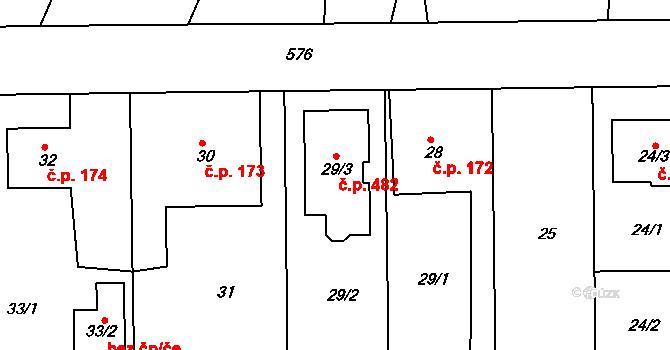 Horní Měcholupy 482, Praha 9 na parcele st. 29/3 v KÚ Horní Měcholupy, Katastrální mapa