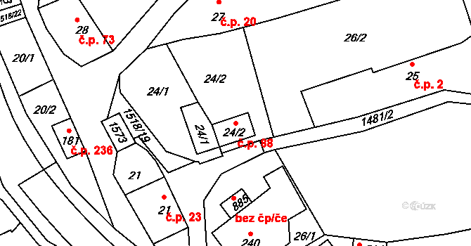 Kudlov 88, Zlín na parcele st. 24/2 v KÚ Kudlov, Katastrální mapa