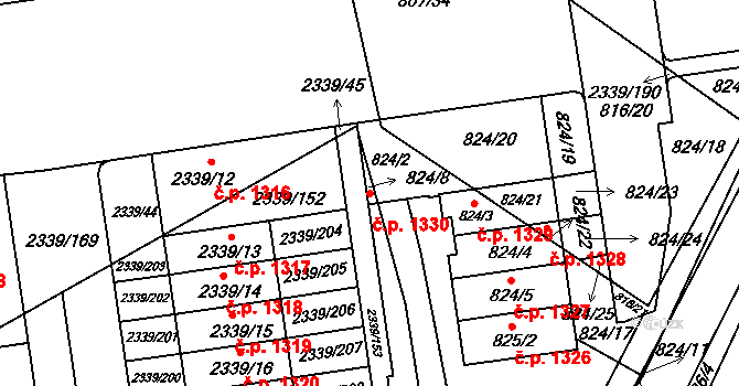 Kunratice 1330, Praha na parcele st. 824/2 v KÚ Kunratice, Katastrální mapa