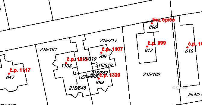 Rudná 1107 na parcele st. 709 v KÚ Hořelice, Katastrální mapa