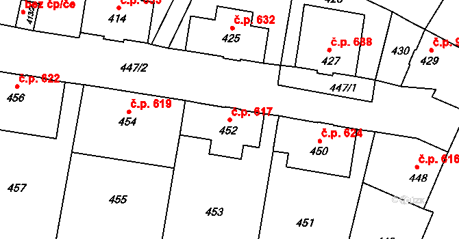 Šluknov 617 na parcele st. 452 v KÚ Šluknov, Katastrální mapa