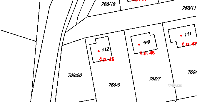 Horní Záhoří 45, Záhoří na parcele st. 112 v KÚ Horní Záhoří u Písku, Katastrální mapa
