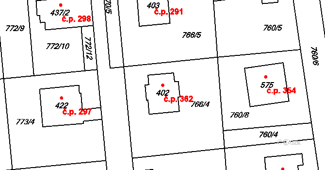 Louky 362, Zlín na parcele st. 402 v KÚ Louky nad Dřevnicí, Katastrální mapa