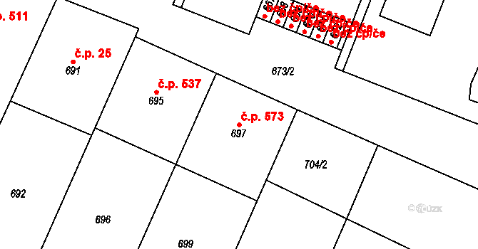 Želechovice nad Dřevnicí 573 na parcele st. 697 v KÚ Želechovice nad Dřevnicí, Katastrální mapa