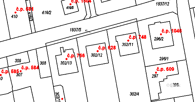 Kylešovice 628, Opava na parcele st. 302/12 v KÚ Kylešovice, Katastrální mapa