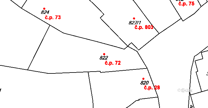 Buchlovice 72 na parcele st. 822 v KÚ Buchlovice, Katastrální mapa