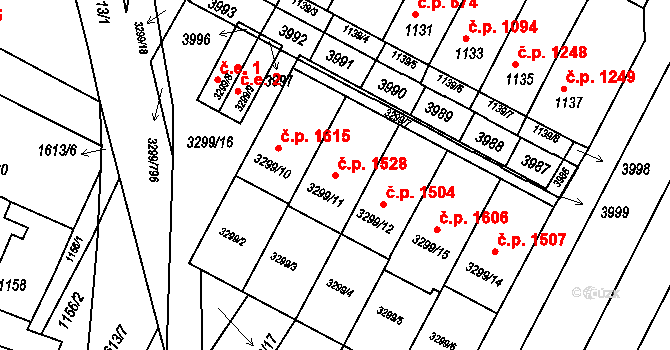 Kunovice 1528 na parcele st. 3299/11 v KÚ Kunovice u Uherského Hradiště, Katastrální mapa