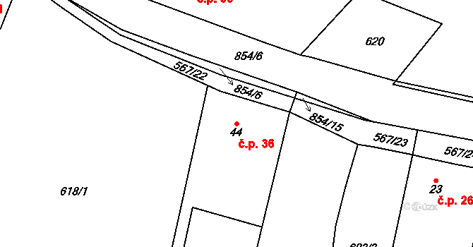 Bítov 36, Přehýšov na parcele st. 44 v KÚ Bítov u Přehýšova, Katastrální mapa
