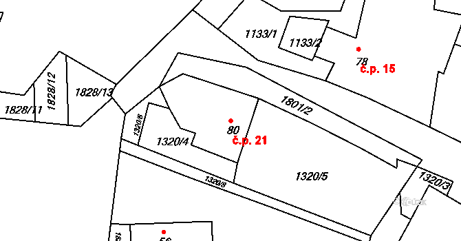Dobechov 21, Kaplice na parcele st. 80 v KÚ Mostky, Katastrální mapa