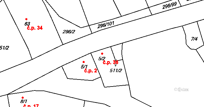 Kloušov 36, Merklín na parcele st. 5/2 v KÚ Kloušov, Katastrální mapa