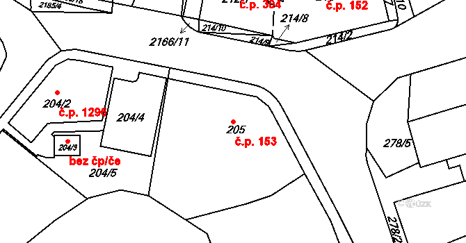 Vejprty 153 na parcele st. 205 v KÚ Vejprty, Katastrální mapa
