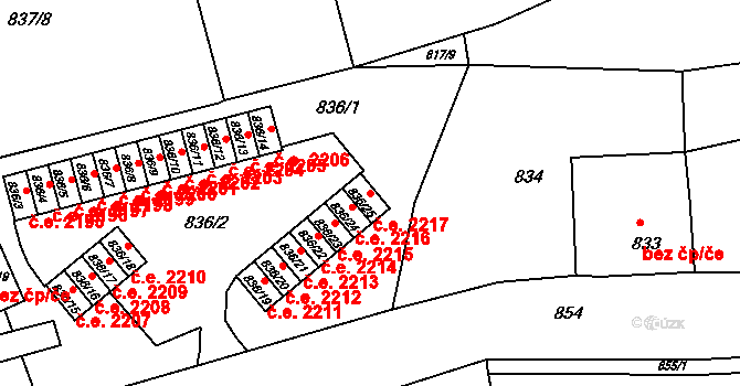 Jirkov 2217 na parcele st. 836/25 v KÚ Jirkov, Katastrální mapa