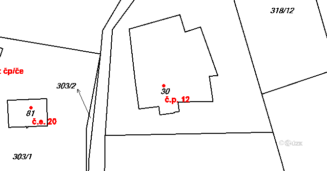 Koječín 12, Herálec na parcele st. 30 v KÚ Koječín, Katastrální mapa