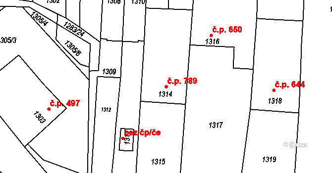 Klobouky u Brna 789 na parcele st. 1314 v KÚ Klobouky u Brna, Katastrální mapa
