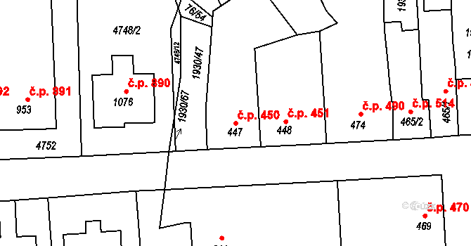 Hrušovany nad Jevišovkou 450 na parcele st. 447 v KÚ Hrušovany nad Jevišovkou, Katastrální mapa