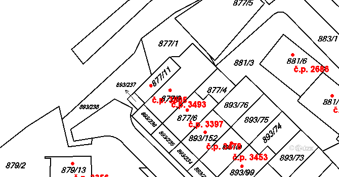 Znojmo 3493 na parcele st. 877/9 v KÚ Znojmo-město, Katastrální mapa