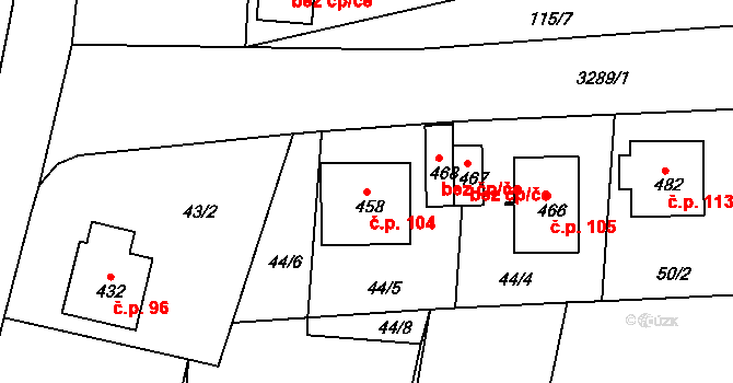 Vrábče 104 na parcele st. 458 v KÚ Vrábče, Katastrální mapa