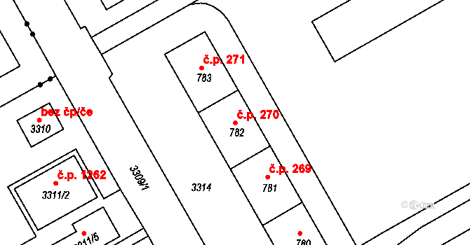 Lyžbice 270, Třinec na parcele st. 782 v KÚ Lyžbice, Katastrální mapa