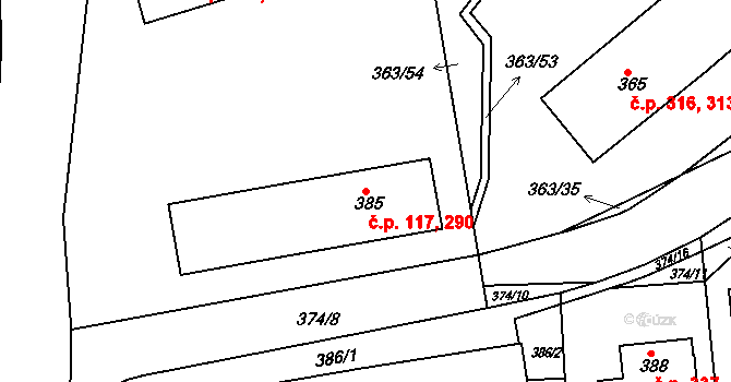 Rousínov 117,290 na parcele st. 385 v KÚ Rousínov u Vyškova, Katastrální mapa