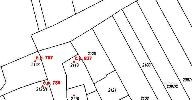 Slavíkovice 801, Rousínov na parcele st. 2120 v KÚ Rousínov u Vyškova, Katastrální mapa
