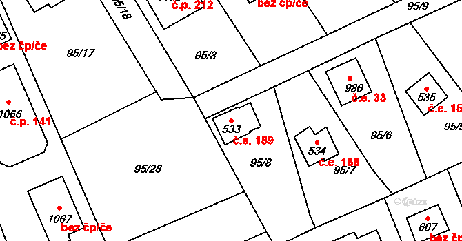 Čtyřkoly 189 na parcele st. 533 v KÚ Čtyřkoly, Katastrální mapa