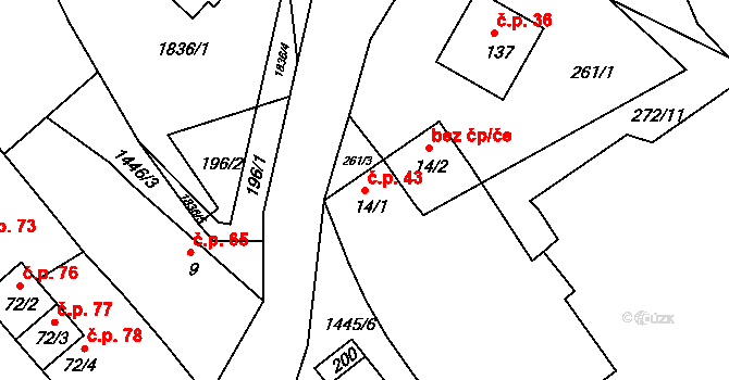 Cizkrajov 43 na parcele st. 14/1 v KÚ Cizkrajov, Katastrální mapa