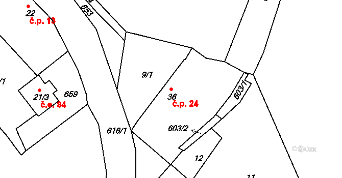 Červený Újezd 24, Hrobčice na parcele st. 36 v KÚ Červený Újezd u Mukova, Katastrální mapa