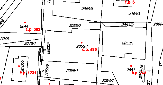 Poruba 485, Orlová na parcele st. 2055/1 v KÚ Poruba u Orlové, Katastrální mapa