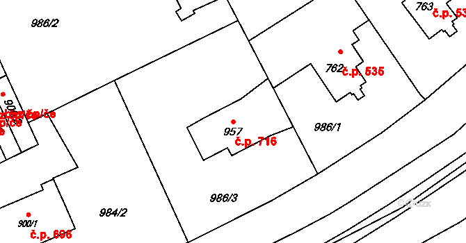 Rožnov pod Radhoštěm 716 na parcele st. 957/1 v KÚ Rožnov pod Radhoštěm, Katastrální mapa