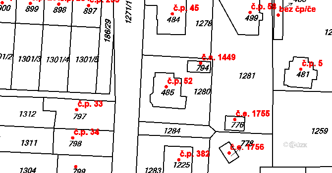 Háje 52, Cheb na parcele st. 485 v KÚ Háje u Chebu, Katastrální mapa